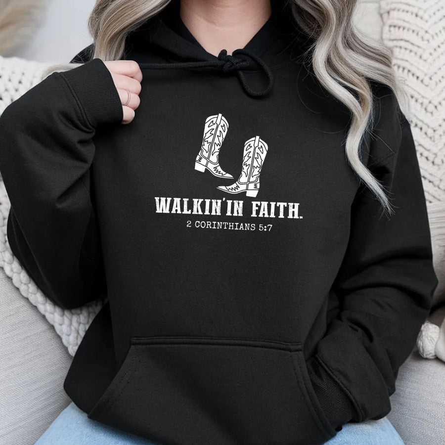 Christian Western Hoodie | Walkin' In Faith Cowboy Boots Graphic | Soft Cotton Blend | Religious Faith Based Gift for Women
