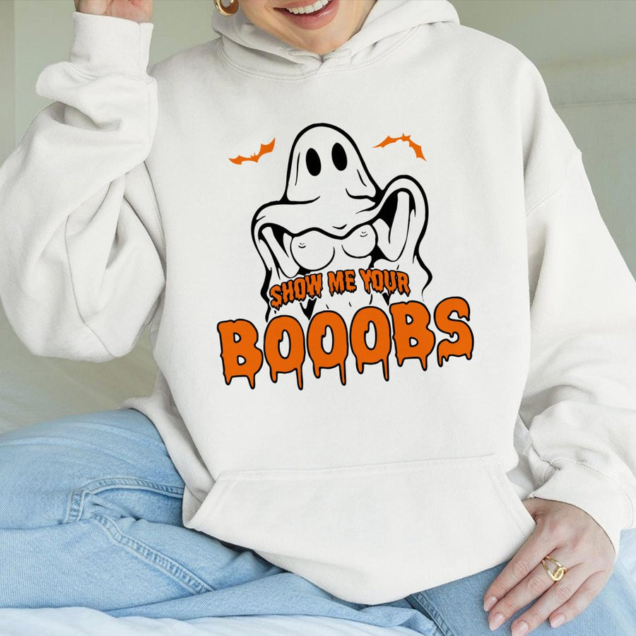 Funny Halloween Ghost Hoodie | Show Me Your Booobs Graphic Pun | Soft Cotton-Blend Pullover | Naughty Spooky Party Gift For Adults