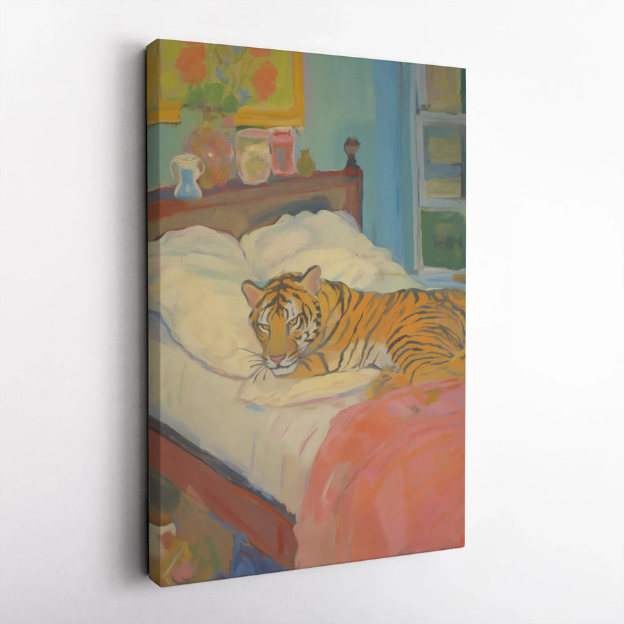 Tiger In Bed Canvas Print | Impressionist Wildlife Wall Art | Gallery Wrapped Premium Material | Unique Bedroom Decor For Animal Lovers