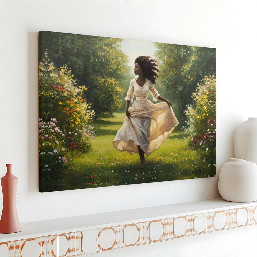 Black Woman Garden Canvas Wall Art | Impressionist Style Floral Meadow Painting | Premium Gallery Wrapped Print | Feminine Bedroom & Living Room Decor Gift