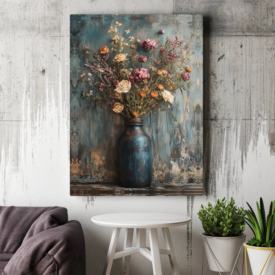 Rustic Dried Flower Canvas Wall Art | Vintage Still Life Floral Vase Painting | Premium Fade-Resistant Print | Farmhouse Home Decor Gift