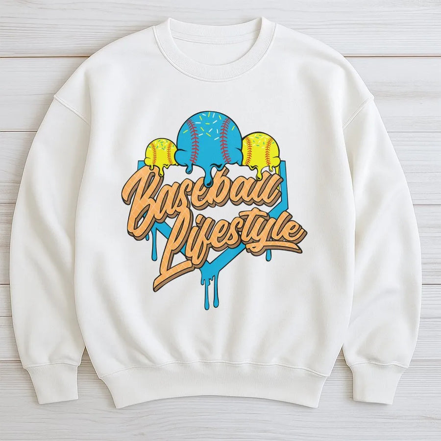 Baseball Lifestyle Sweatshirt | Ice Cream Drip Graphic Sweatshirt | Soft Cotton Blend Pullover | Gift for Baseball Player and Fan