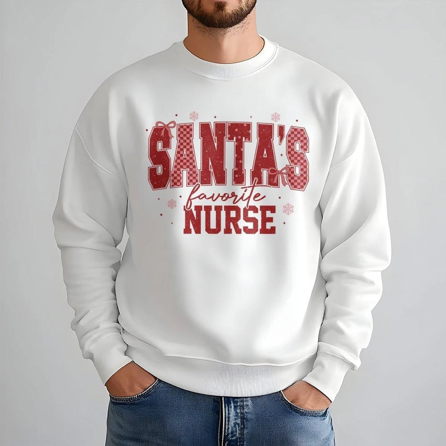 Santa's Favorite Nurse Sweatshirt | Festive Checkered Holiday Design | Premium Cotton-Poly Blend | Cute Christmas Gift For Nursing Staff