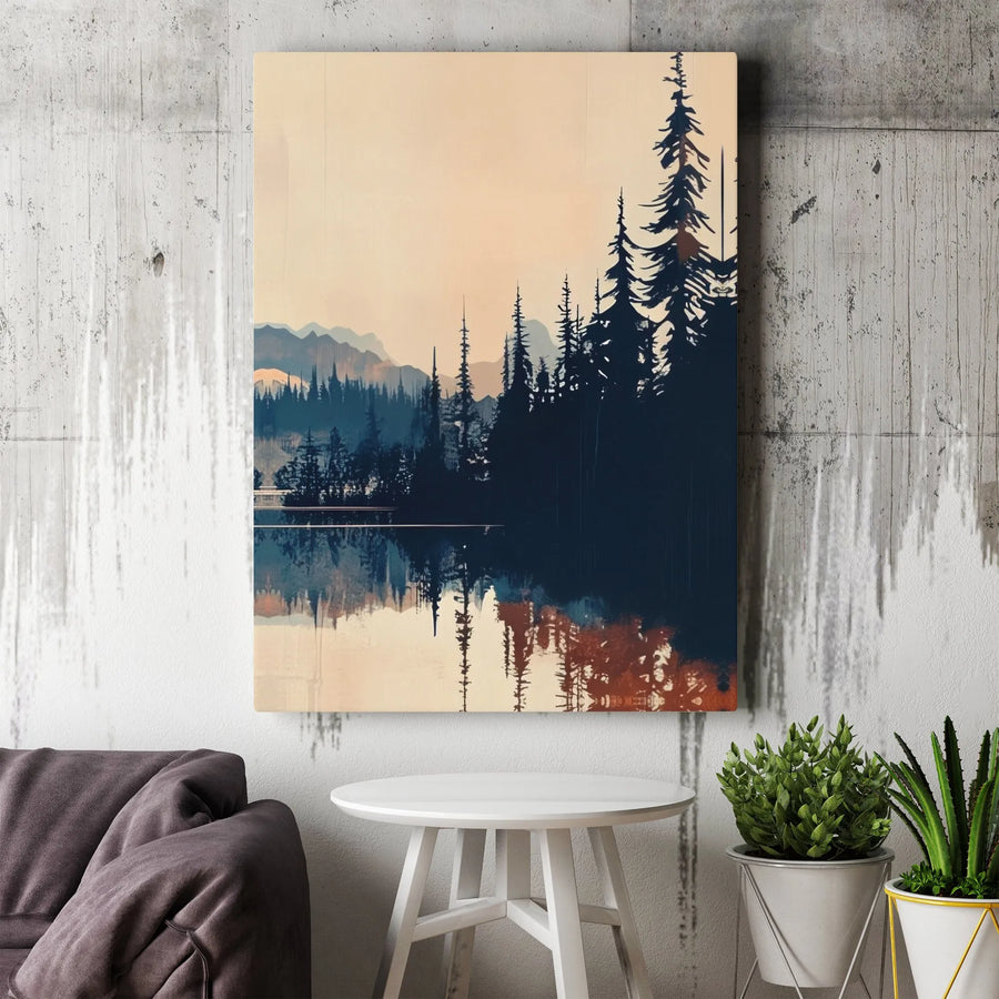 Mountain Forest Canvas Wall Art | Modern Pine Tree Silhouette with Lake Reflection | Premium Stretched Canvas | Rustic Cabin & Living Room Decor