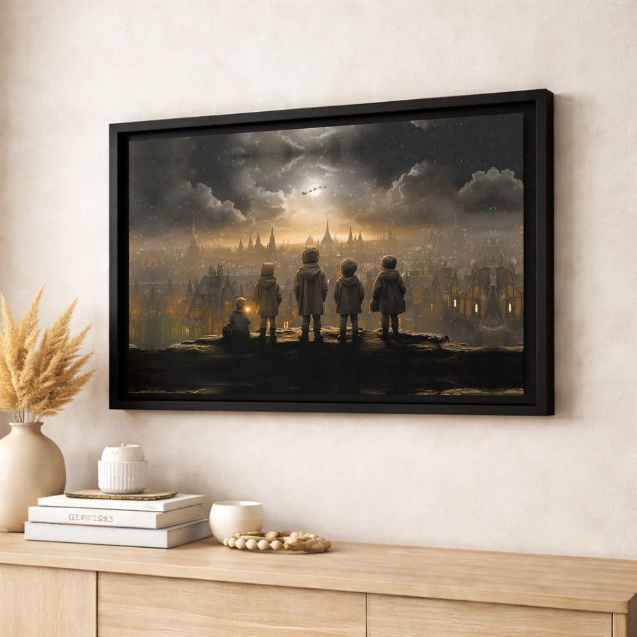Christmas Eve Cityscape Canvas Art | Children Watching Santa's Sleigh Silhouette | Premium Fade-Resistant Gallery Wrap | Magical Winter Holiday Home Decor