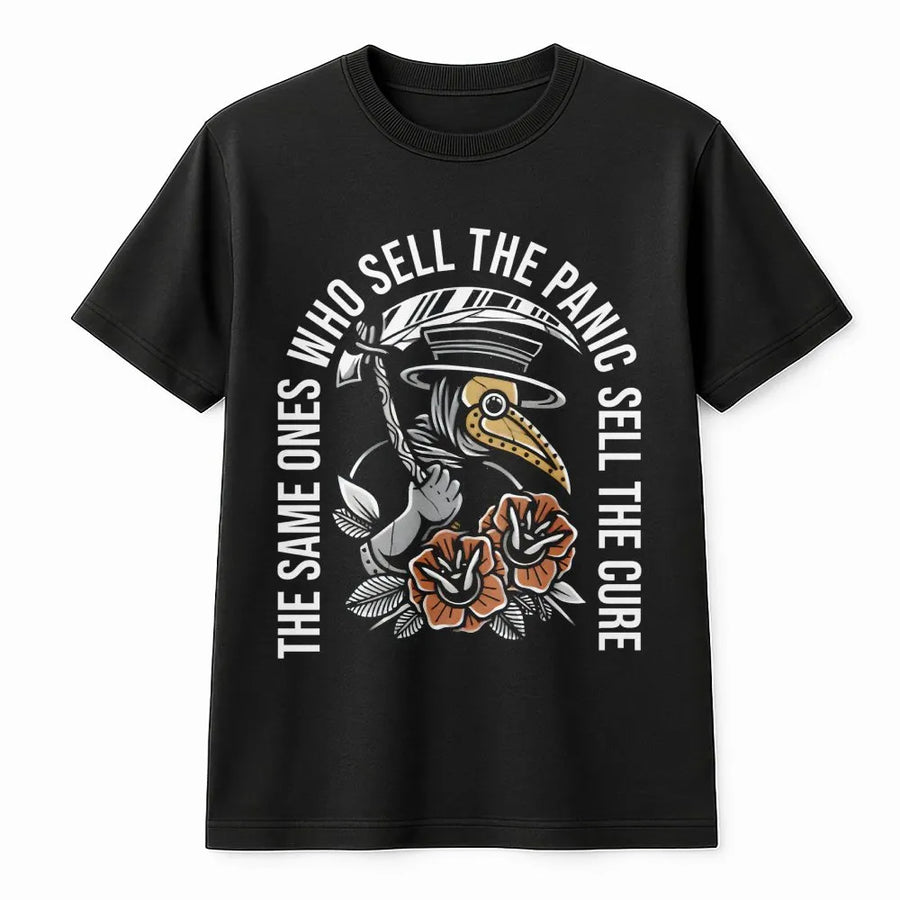 Plague Doctor T-Shirt | The Same Ones Who Sell The Panic Sell The Cure | Premium Cotton Graphic Tee | Sarcastic Gothic Gift for Free Thinkers