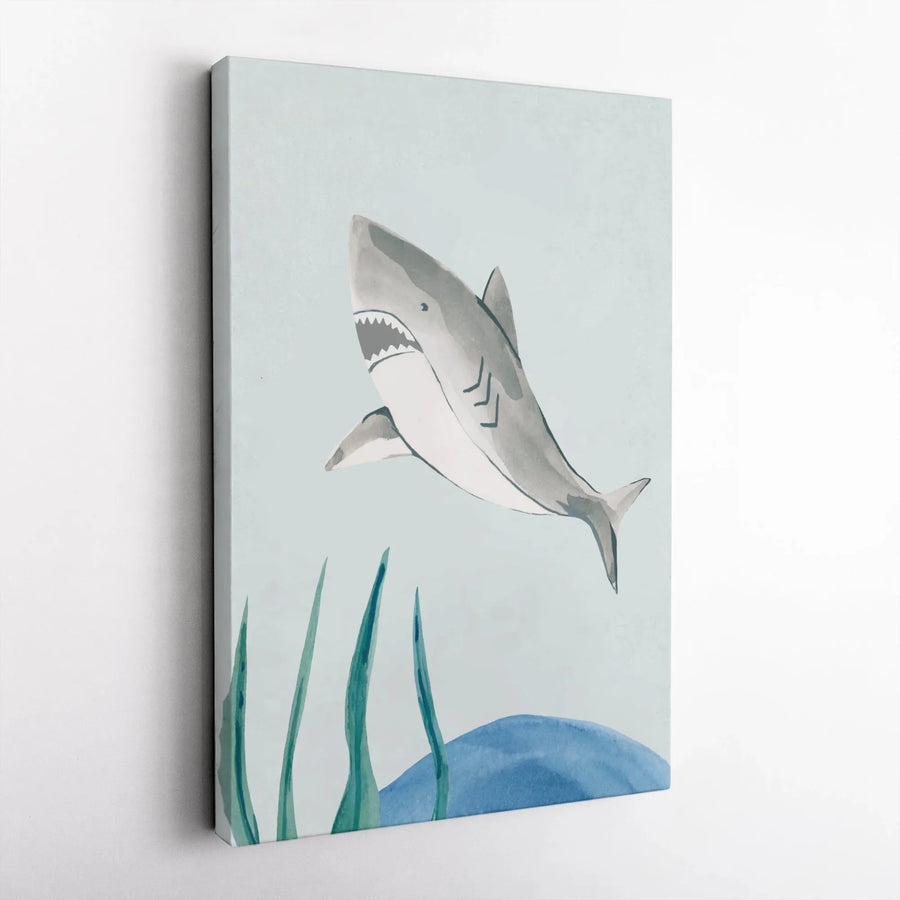 Watercolor Shark Vertical Canvas | Minimalist Ocean Nursery Art | Premium Gallery Wrapped Canvas | Kids Room & Bathroom Decor Gift
