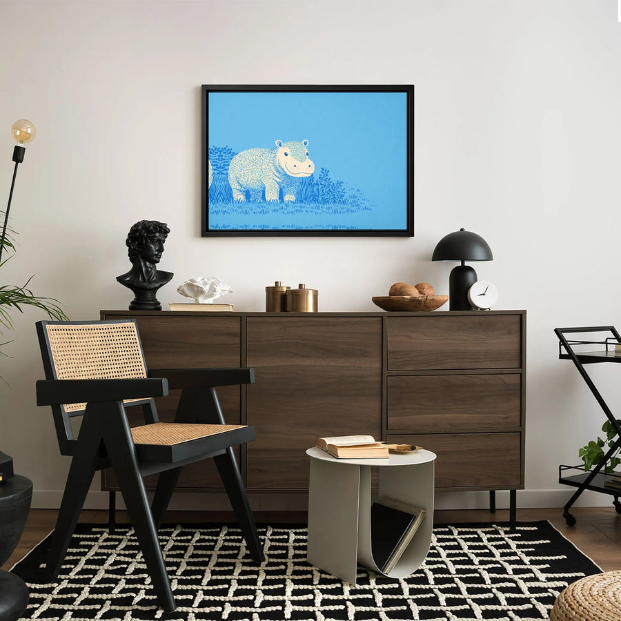 Baby Hippo Canvas Wall Art | Two-Tone Modern Illustration | Premium Gallery Wrapped Print | Cute Nursery Decor & Kids Room Gift