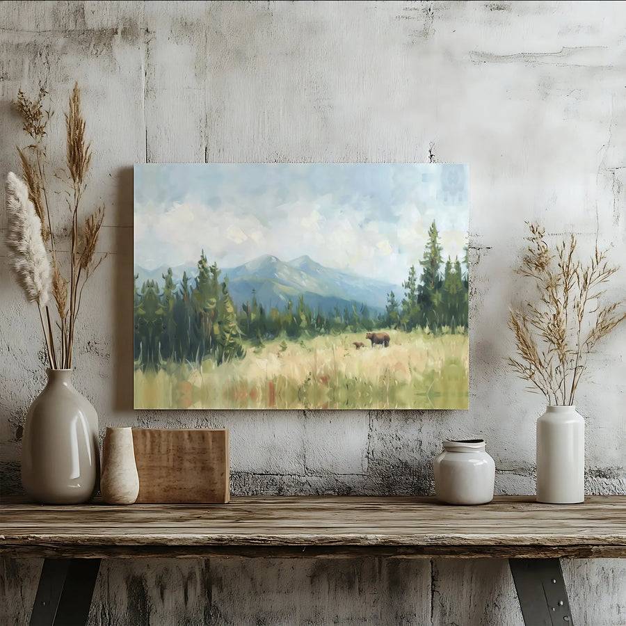 Bear and Cub Canvas Wall Art | Impressionist Mountain Landscape | Premium Gallery Canvas Print | Rustic Cabin Decor Gift
