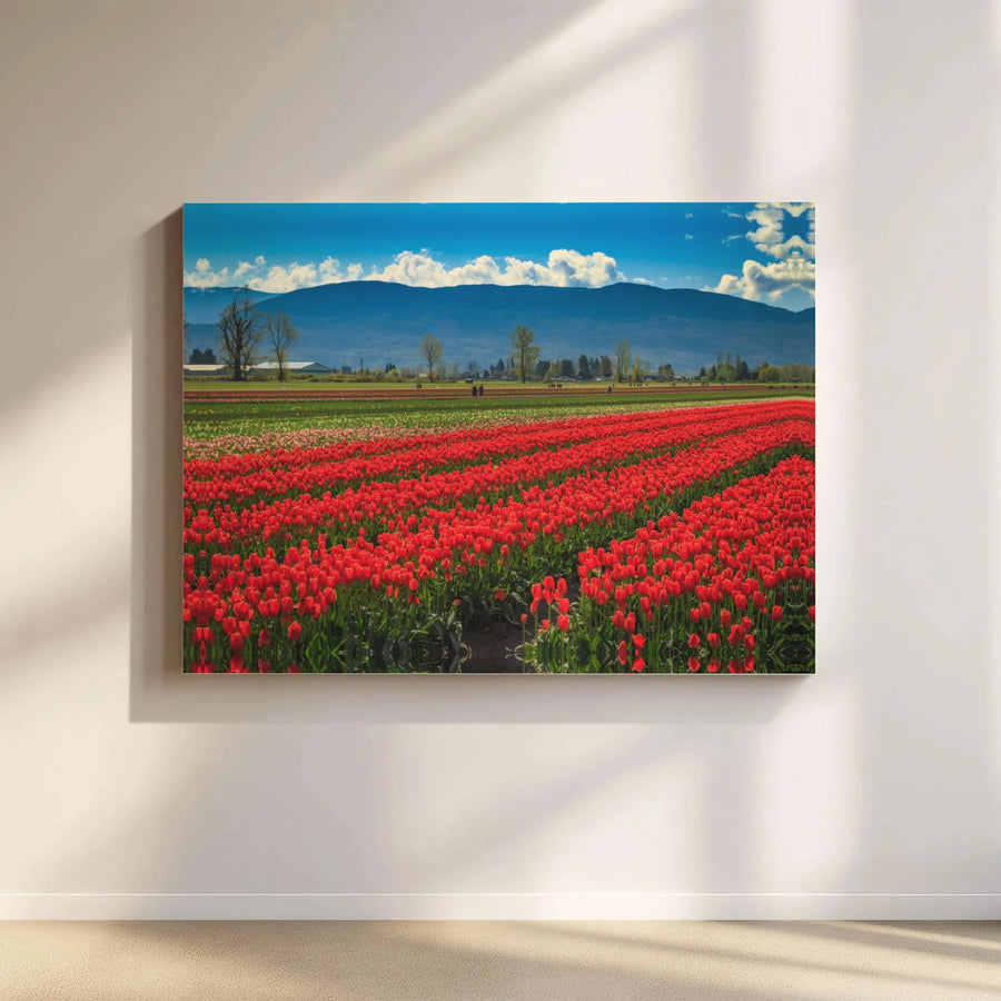 Red Tulip Field Wall Art | Mountain Landscape Canvas Print | 1.25 Inch Gallery Wrap | Floral Nature Decor for Living Room Gift