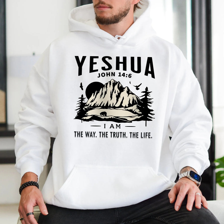 Yeshua Christian Hoodie | John 14:6 Bible Verse Mountain Nature Graphic | Premium Cotton Blend | Faith-Based Gift For Men And Women