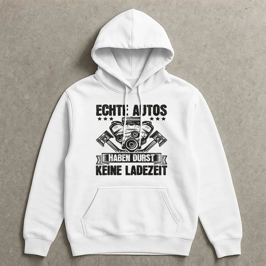 German Car Hoodie | Echte Autos Haben Durst Slogan Print | Premium Cotton Blend | Gift for Mechanic or Auto Enthusiast
