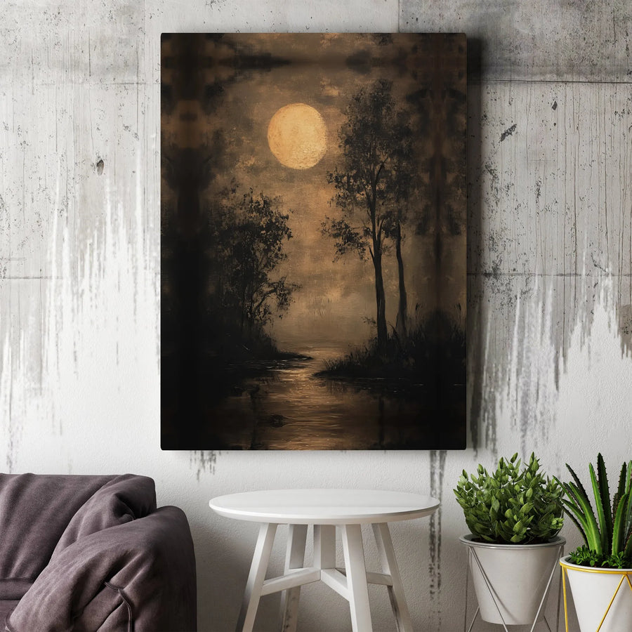 Moody Forest Wall Art | Full Moon River Landscape Canvas | Premium Gallery Wrapped Decor | Dark Academia Gothic Home Gift