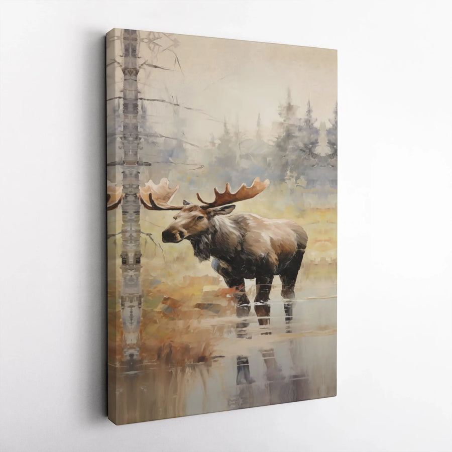 Bull Moose Canvas Wall Art | Painterly Misty Forest Landscape | 1.25 Inch Gallery Wrap | Rustic Nature Wildlife Home Decor Gift