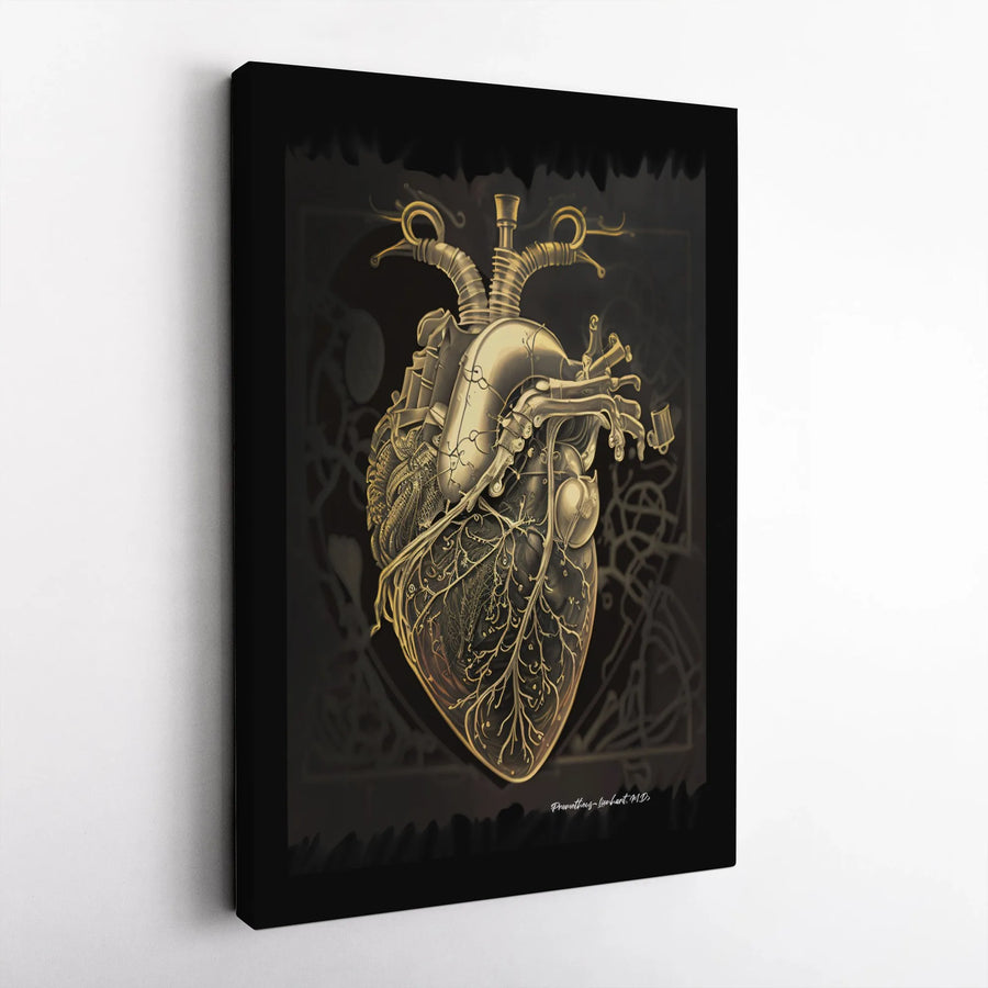 Steampunk Anatomical Heart Canvas Wall Art | Golden Medical Illustration Print | Premium 1.25" Gallery Wrap | Science Decor for Doctor Office
