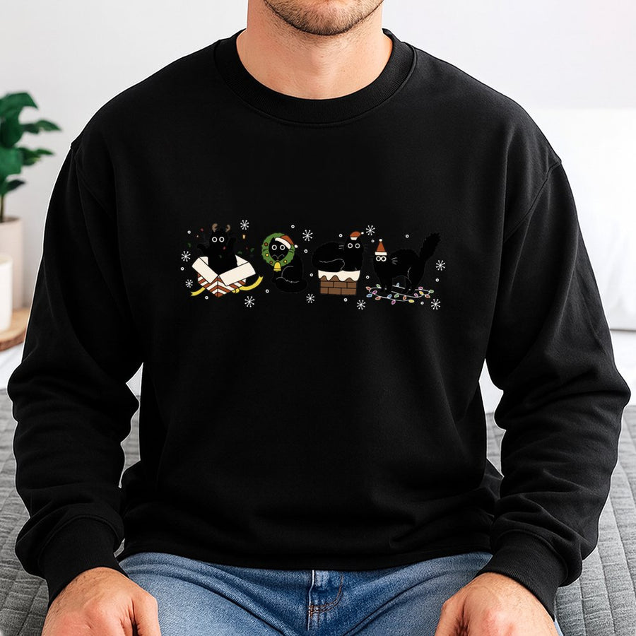 Christmas Black Cat Sweatshirt | Cute Holiday Kitties Graphic | Premium Cotton Blend | Gift for Cat Mom & Animal Lovers