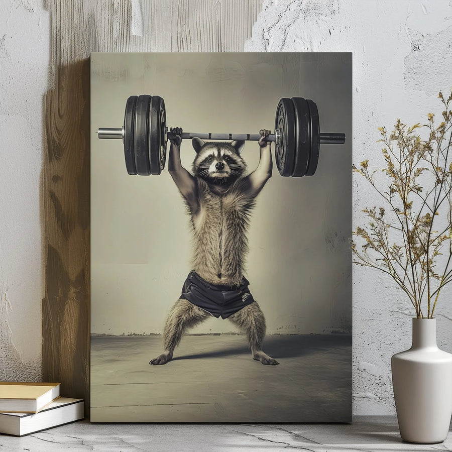 Raccoon Weightlifting Canvas Print | Funny Gym Workout Wall Art | Gallery Wrapped Premium Decor | Gift for Powerlifters and Bodybuilders