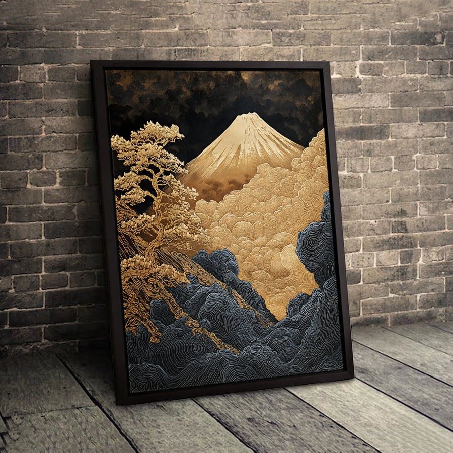 Japanese Mountain Wall Art | Golden Mount Fuji & Pine Tree Print | 1.25” Premium Gallery Canvas | Zen Home Office Decor