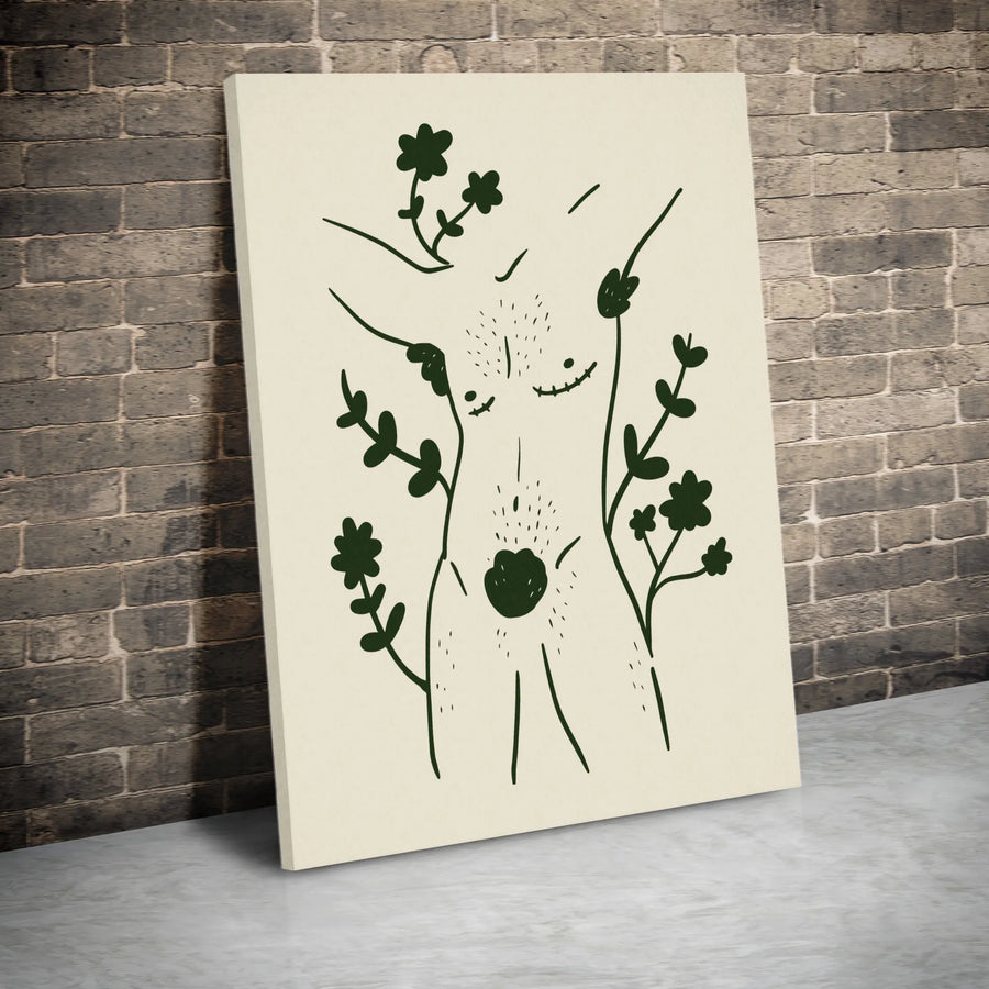 Boho Female Body Canvas Art | Minimalist Line Drawing with Botanical Elements | Premium Gallery Wrap Wall Decor | Feminine Aesthetic Home Gift