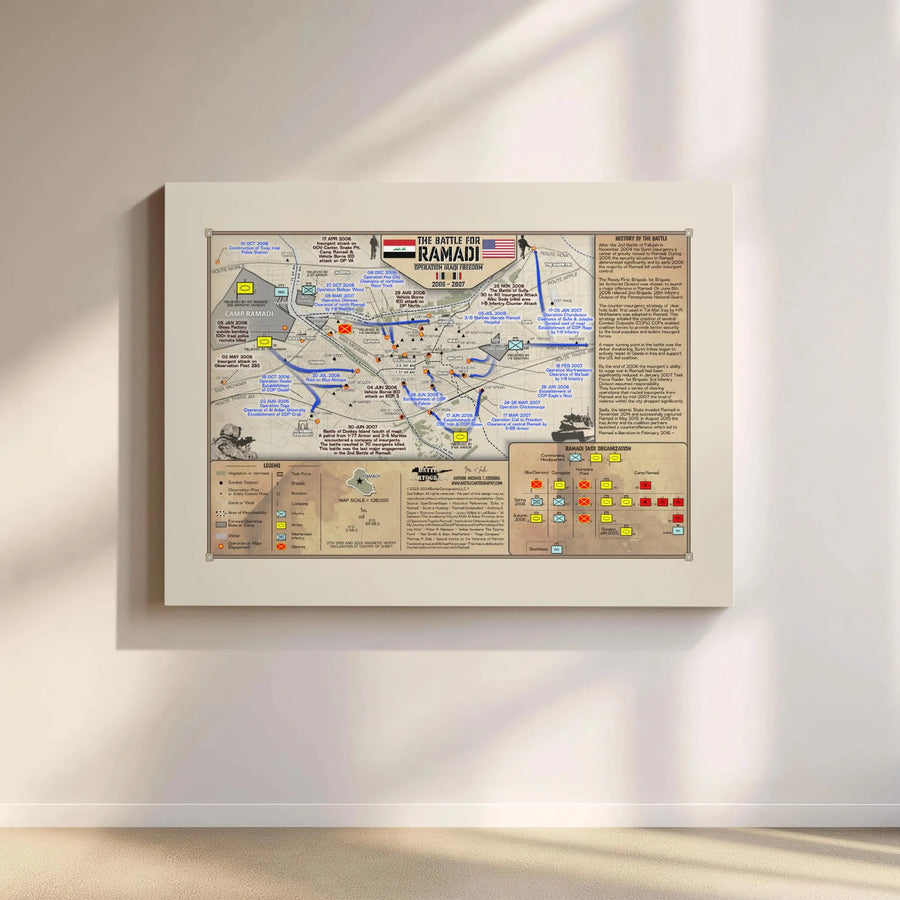 Battle for Ramadi Military Map Canvas | Operation Iraqi Freedom Campaign History | Premium Gallery Wrap Wall Art | Veteran Memorial Gift