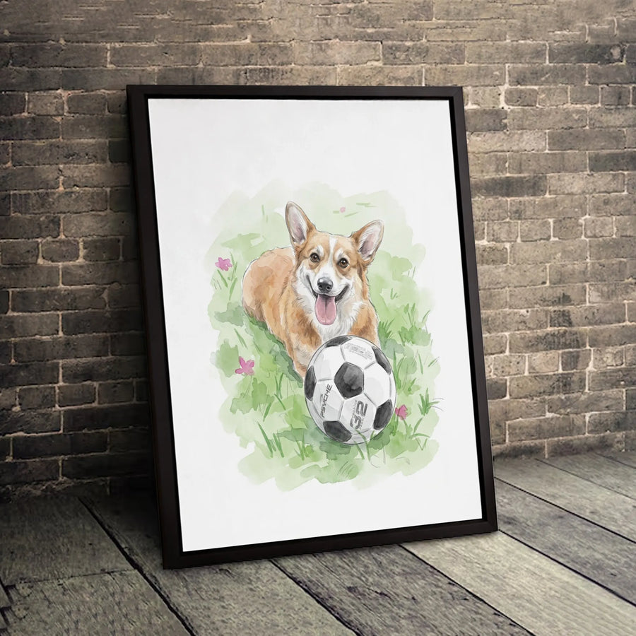 Corgi Soccer Ball Canvas Art | Watercolor Puppy Dog Sports Print | Premium Gallery Wrapped Wall Decor | Cute Pet Lover Gift Idea