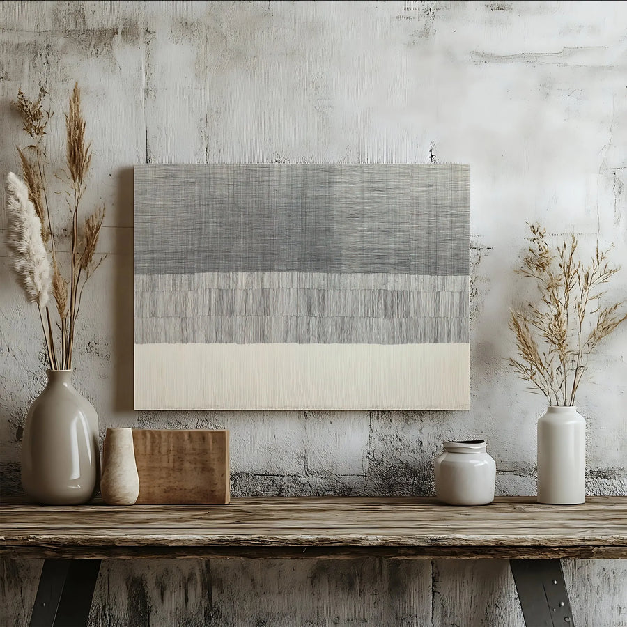 Abstract Minimalist Wall Art | Textured Grey and Cream Line Print | Premium 1.25" Gallery Canvas | Modern Home Office Decor