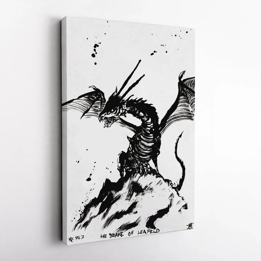 Skeletal Dragon Wall Art | Ink Illustration Canvas Print | Gallery Quality Gothic Home Decor | Unique Fantasy Creature Gift for Collectors