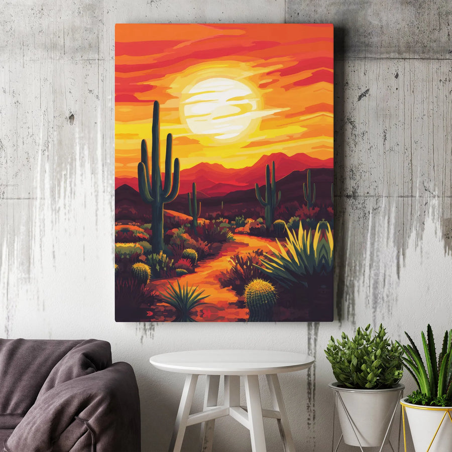 Desert Sunset Canvas Art | Saguaro Cactus Southwestern Wall Decor | Premium Fade-Resistant Gallery Wrap | Modern Nature Landscape Gift