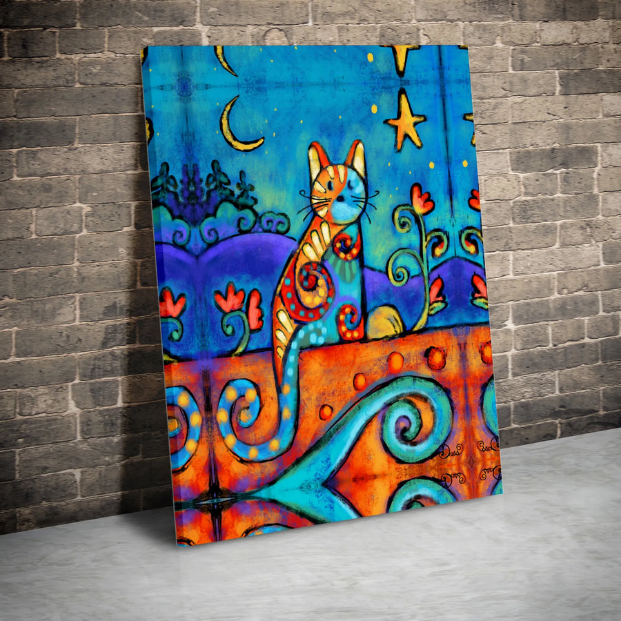 Folk Art Cat Wall Art | Colorful Celestial Whimsical Kitty Decor | Premium Gallery Wrap Canvas | Unique Gift For Cat Lovers