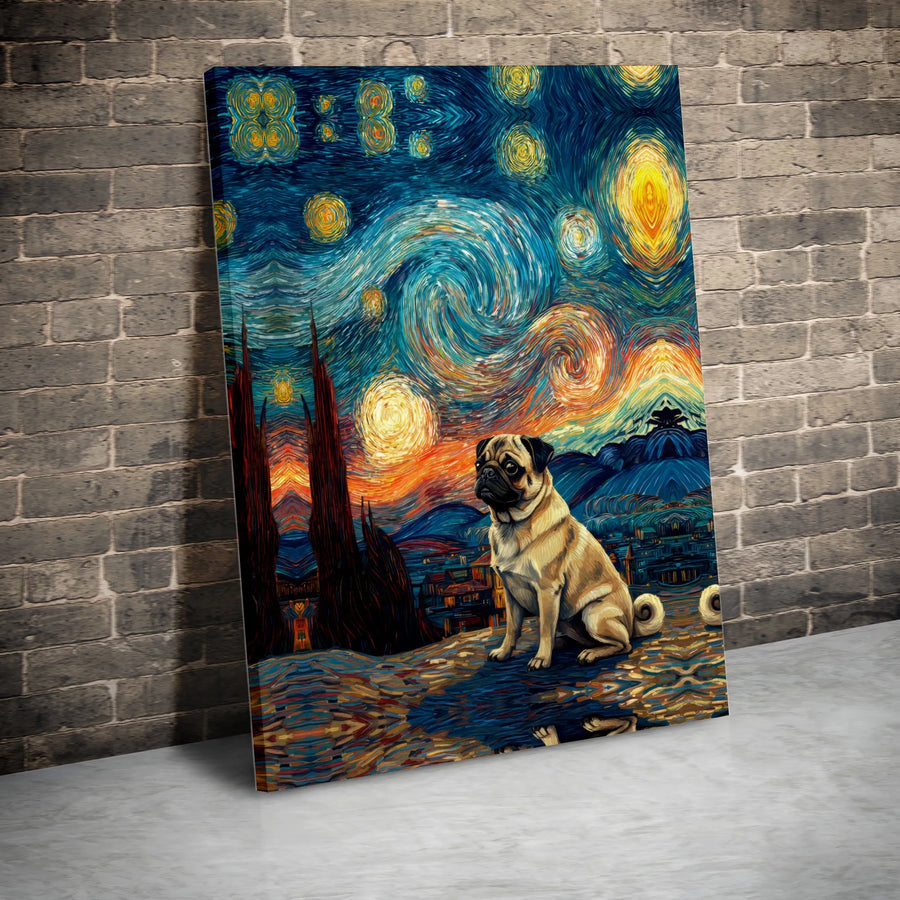 Pug Dog Wall Art | Starry Night Impressionist Style Canvas Print | Premium Gallery Wrap Decor | Unique Gift for Dog Lovers
