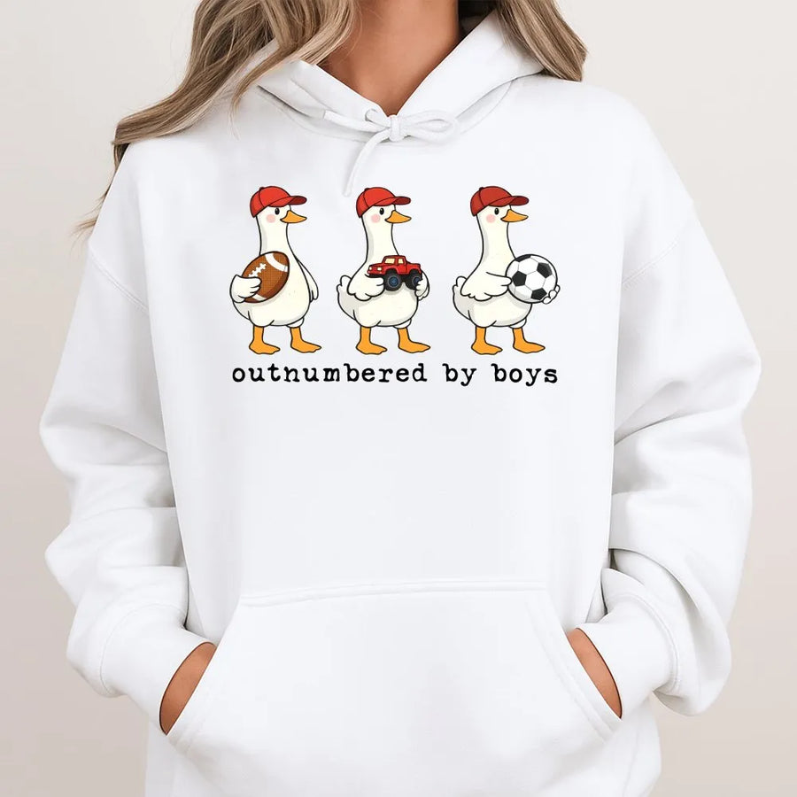 Funny Boy Mom Hoodie | Outnumbered By Boys Goose Graphic | Premium Cotton Blend | Mothers Day Gift for Mama