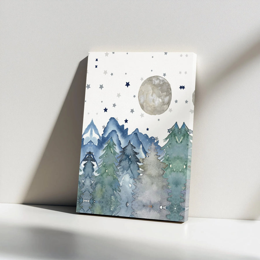 Watercolor Mountain Forest Wall Art | Moon and Stars Night Landscape | Gallery Wrapped Premium Canvas | Ready to Hang Nursery or Living Room Decor