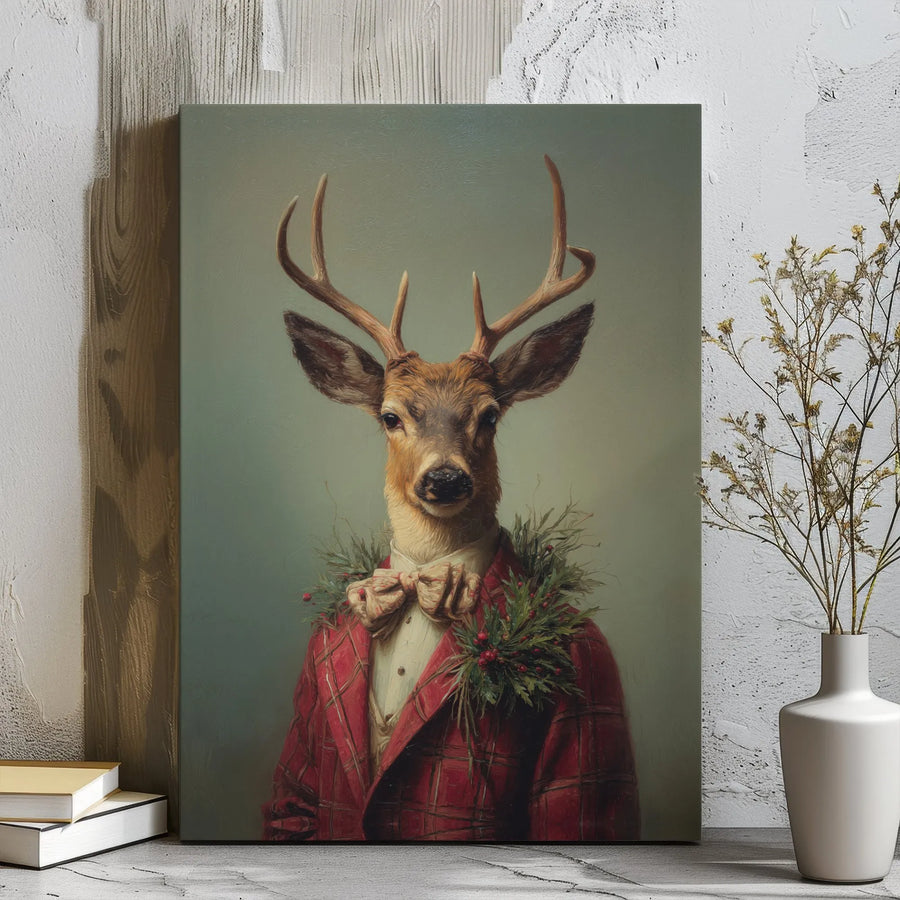 Dapper Deer Canvas Wall Art | Christmas Red Plaid Suit Portrait | Premium Gallery Wrap Decor | Holiday Lodge Farmhouse Gift