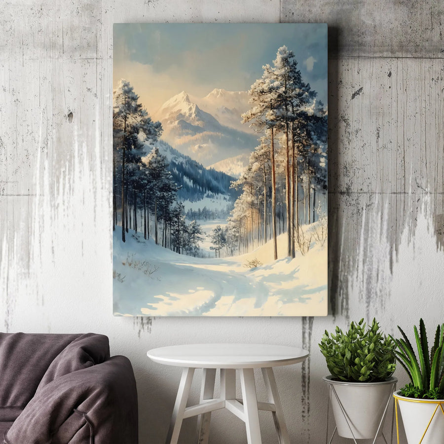 Winter Mountain Landscape Canvas Wall Art | Snowy Pine Forest Painting | Premium Gallery Wrapped Decor | Serene Nature Home Gift