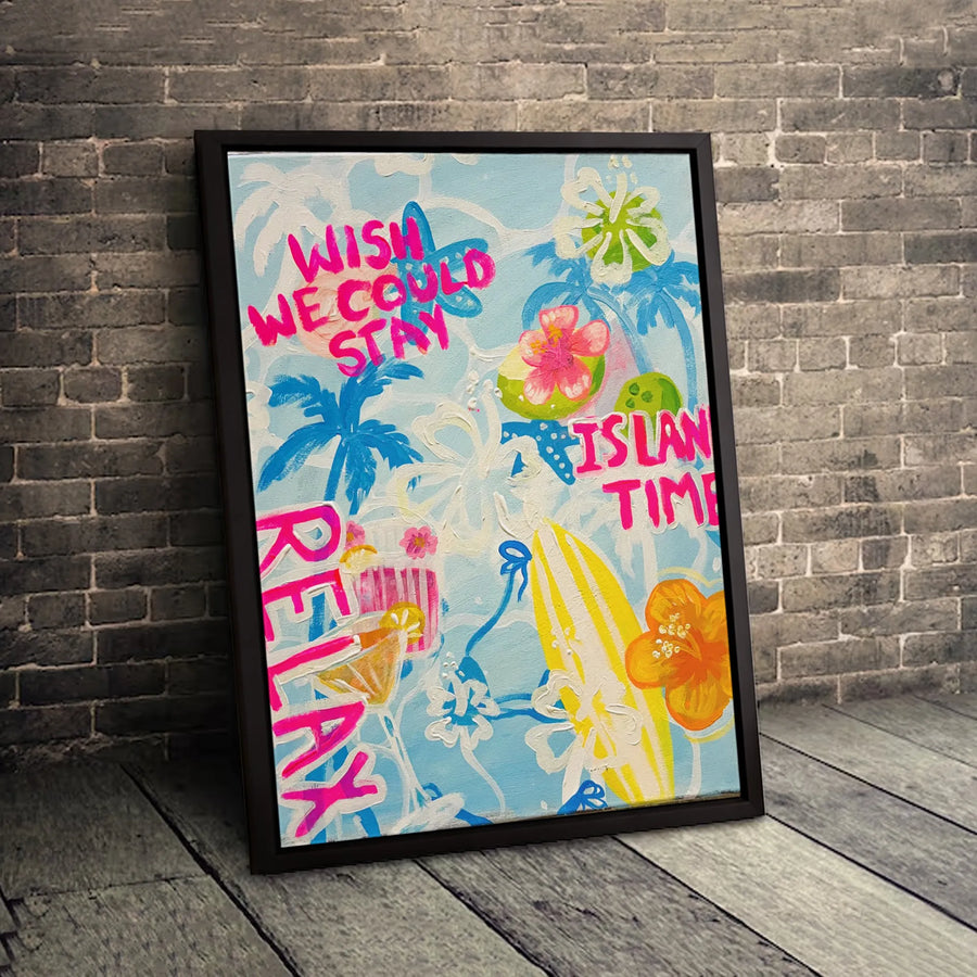 Tropical Beach Wall Art | Wish We Could Stay Surfboard Theme | Premium Fade-Resistant Canvas | Coastal Home Decor Gift for Summer Lovers