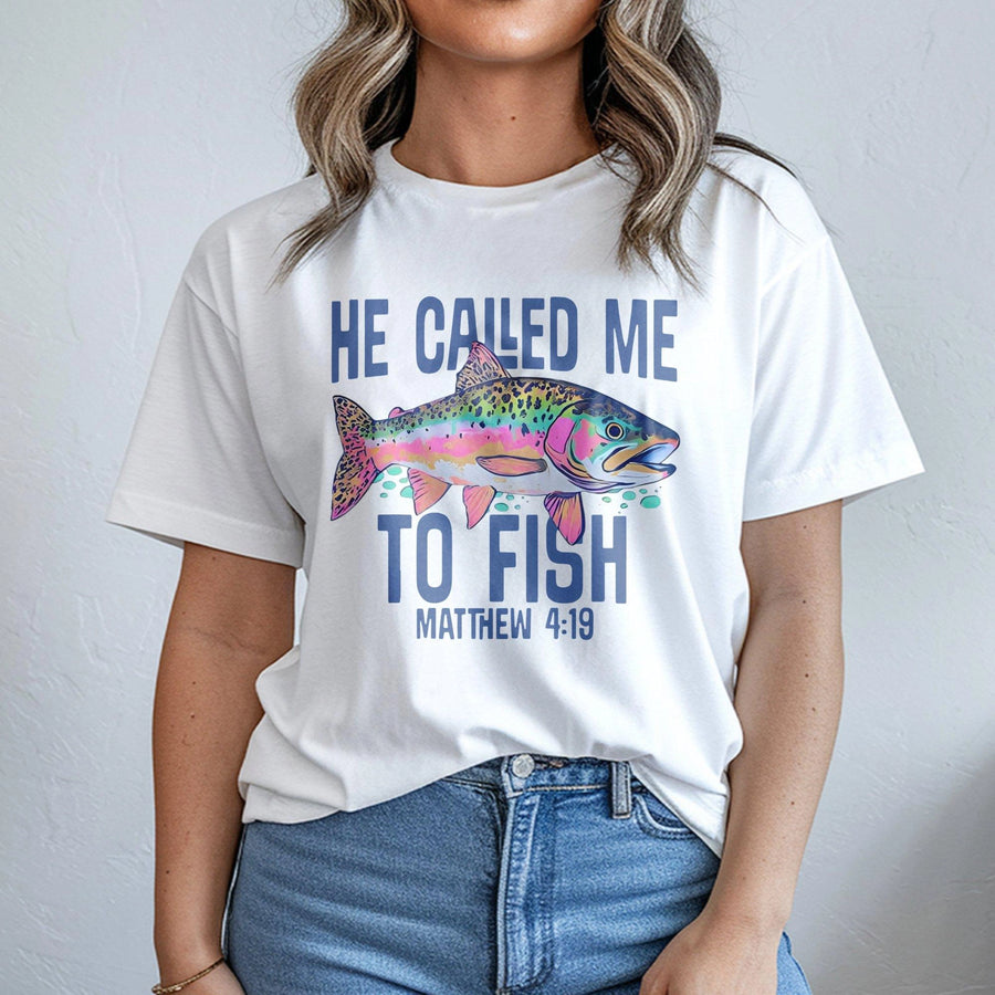 He Called Me To Fish T-Shirt | Rainbow Trout Graphic Bible Verse | 100% Cotton Premium Apparel | Faith-Based Outdoor Gift For Fisherman