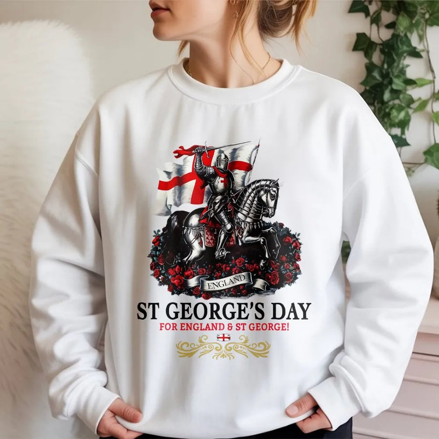 St George's Day Sweatshirt | England Flag Knight on Horseback Graphic | Premium Cotton-Blend Sweatshirt | Unisex Patriotic English Heritage Gift