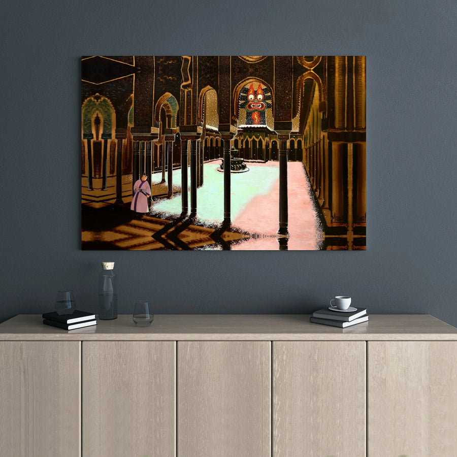 Samurai and Oni Demon Wall Art | Snowy Moorish Courtyard Canvas | 1.25" Thick Premium Gallery Wrap | Dark Fantasy Decor for Home Office