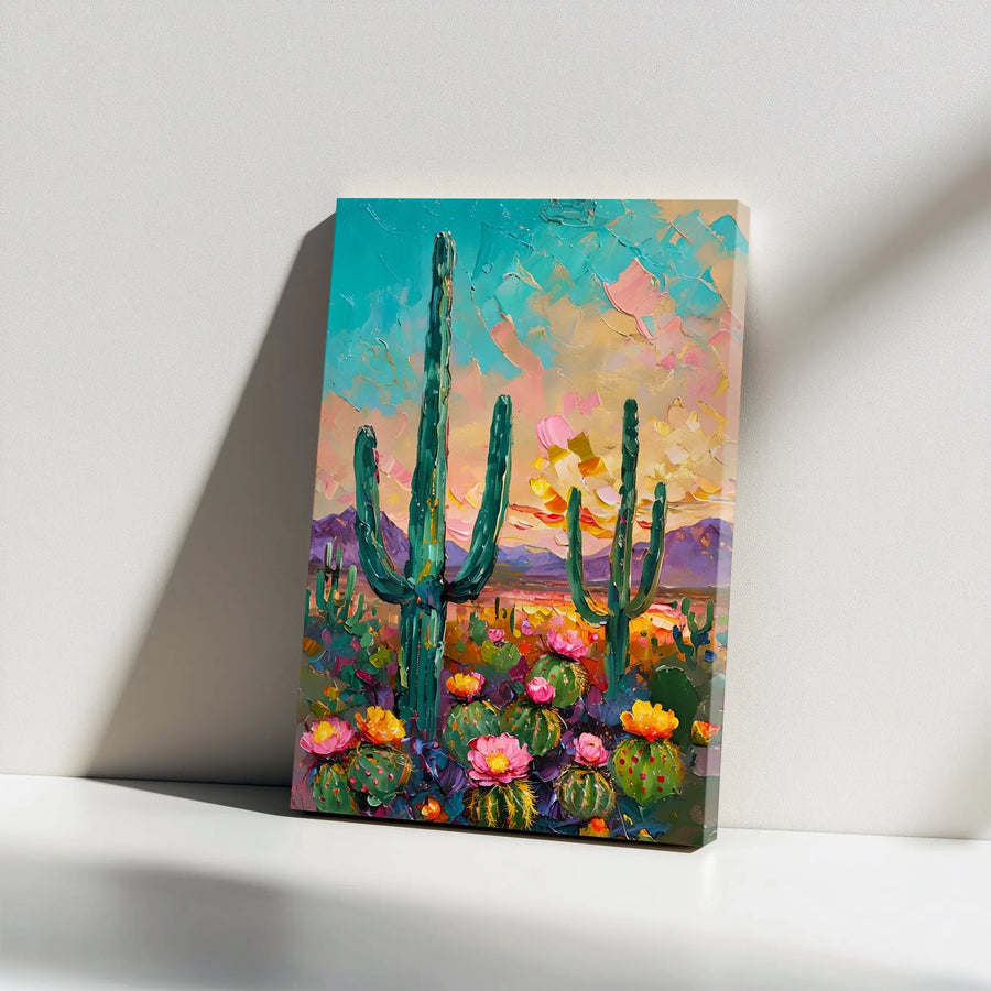 Desert Cactus Canvas Print | Vibrant Impasto Landscape Artwork | Premium Gallery Wrapped Wall Decor | Southwestern Home Interior Gift