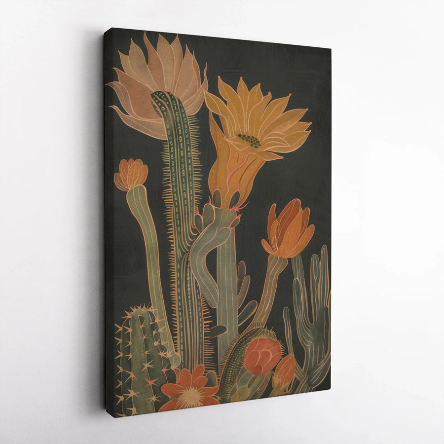 Vintage Desert Floral Vertical Canvas | Retro Botanical Cactus Illustration | Premium Thick Gallery Wrap | Boho Southwestern Wall Decor Gift