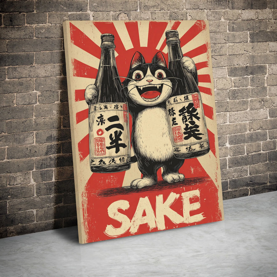 Japanese Sake Cat Canvas Wall Art | Vintage Retro Rising Sun Poster | Premium Gallery Wrap Decor | Unique Bar & Kitchen Gift for Cat Lovers