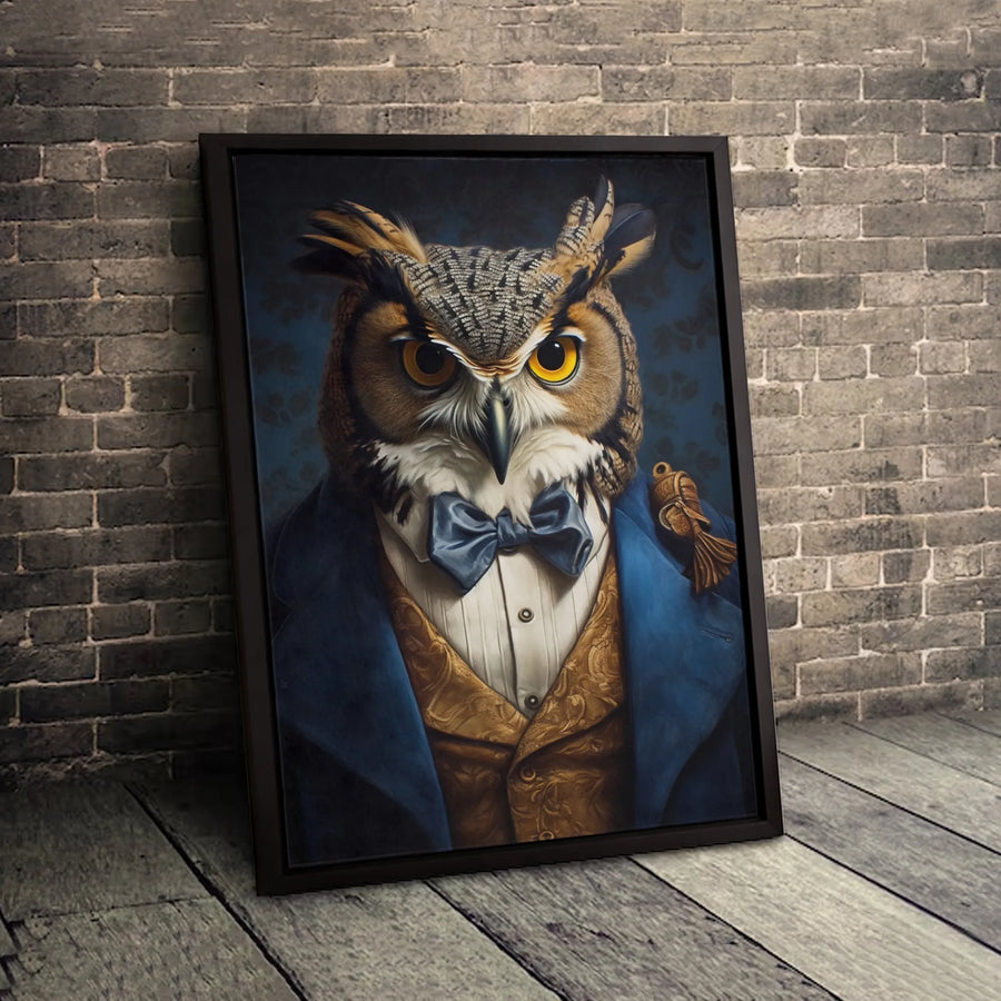 Dapper Owl Wall Art | Victorian Style Animal Portrait in Blue Suit | Premium 1.25" Gallery Canvas | Unique Office Decor Gift