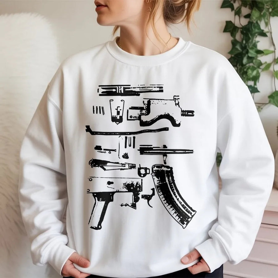Gun Schematic Sweatshirt | Exploded View Rifle Blueprint | Premium Cotton Blend Pullover | Gift for Gun Enthusiast