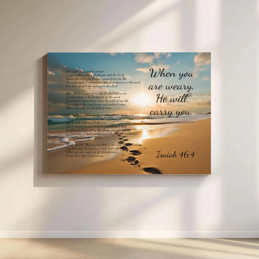 Footprints In The Sand Canvas Print | Isaiah 46:4 Religious Wall Art | Premium Gallery Wrapped Decor | Christian Sympathy Gift for Home