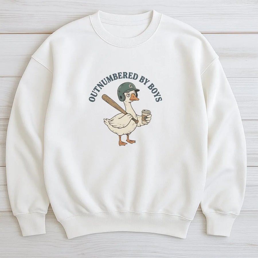 Boy Mom Sweatshirt | Outnumbered By Boys Funny Goose Graphic | Cozy Cotton Blend Pullover | Gift for Baseball Mom
