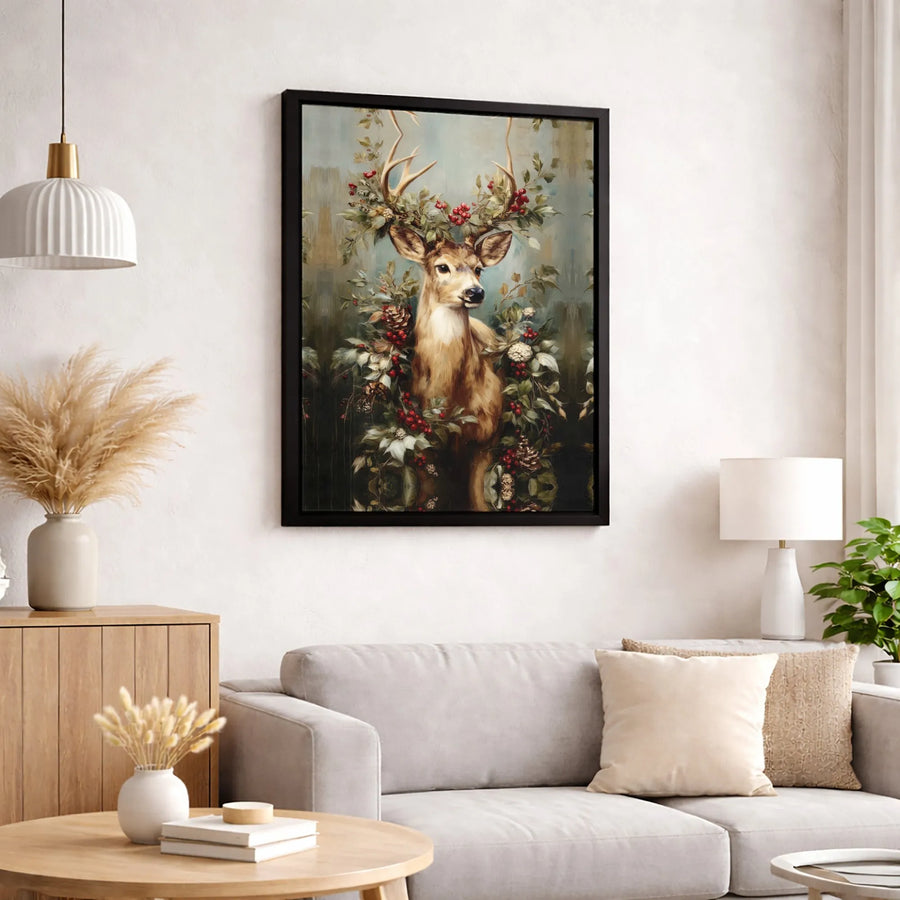 Majestic Deer Canvas Print | Christmas Floral Berries and Pine Cones Art | Gallery Quality 1.25" Profile | Holiday Home Decor Gift