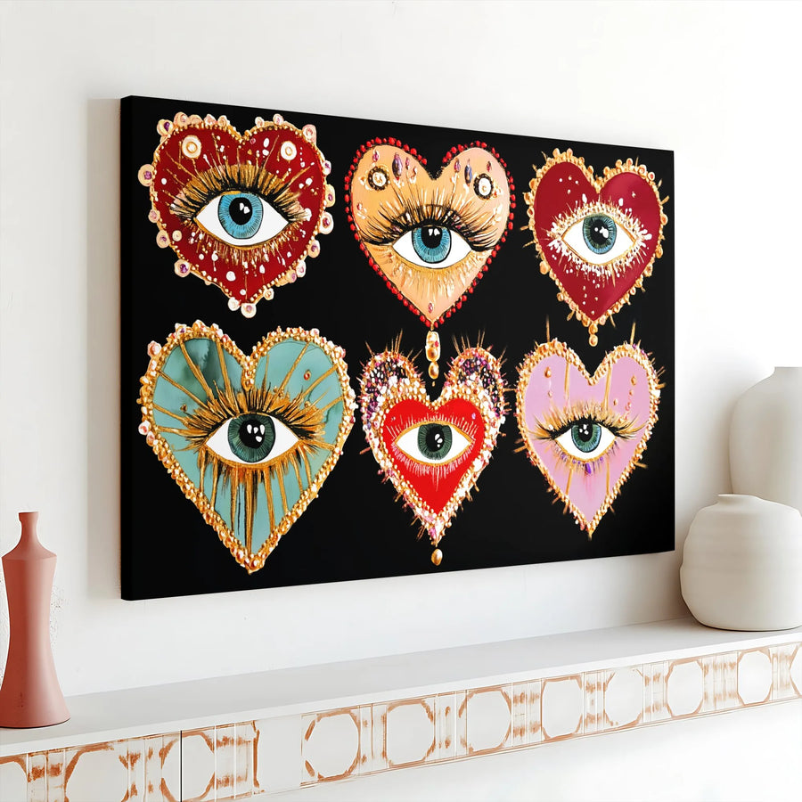 Evil Eye Heart Wall Art | Ornate Bohemian Surrealism Canvas Print | 1.25-Inch Gallery Wrap | Spiritual Home Decor Gift for Boho Aesthetic