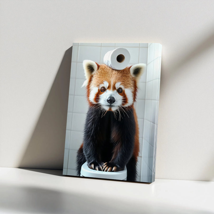 Funny Red Panda Vertical Canvas | Cute Animal on Toilet with Toilet Paper | Premium Gallery Print | Quirky Bathroom Decor Wall Art Gift