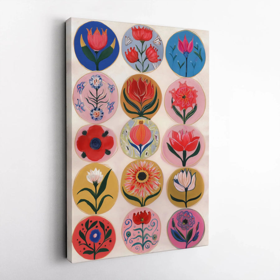 Folk Art Flower Canvas Wall Art | Colorful Botanical Grid Print | Premium Gallery Wrap 1.25 Inch | Boho Floral Home Decor Gift
