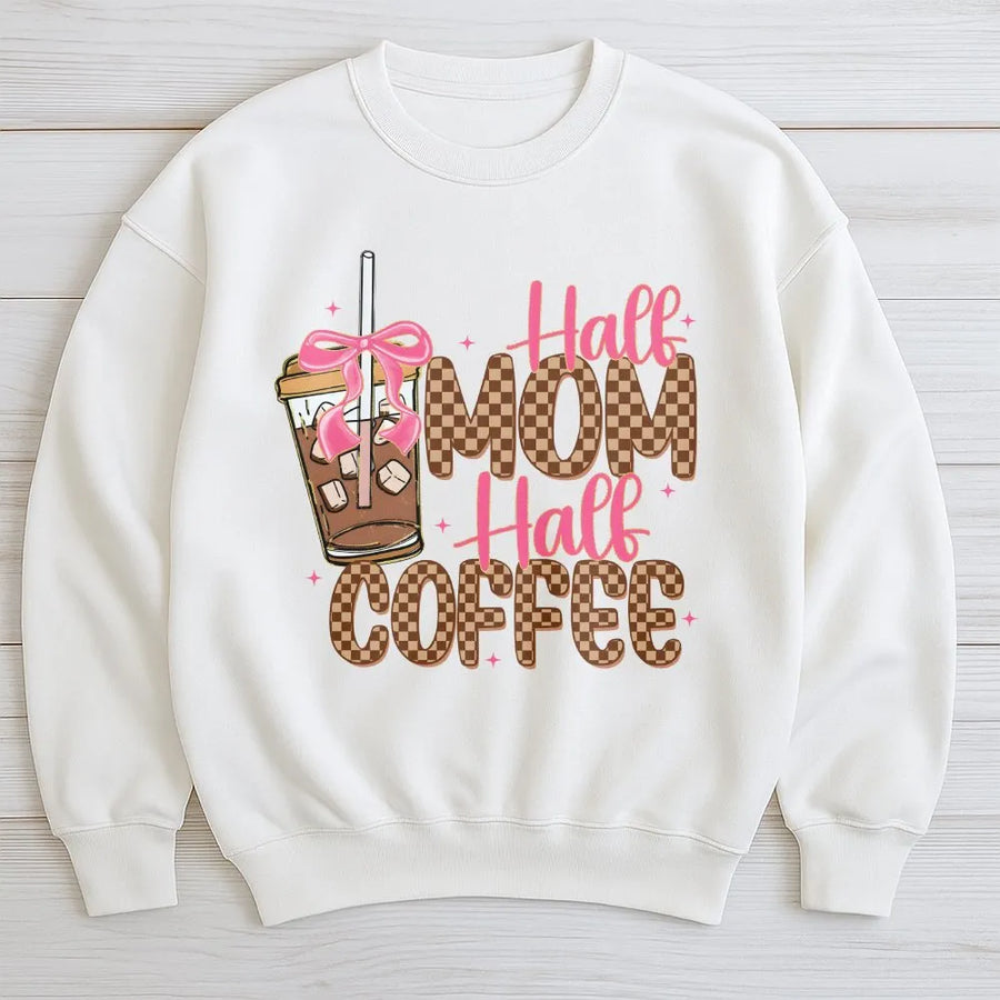 Half Mom Half Coffee Sweatshirt | Retro Checkered Graphic with Coquette Bow | Premium Soft Cotton Blend | Funny Coffee Lover Gift for Mom